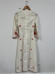 Vtg 55 In Long Embroidered Caftan Muumuu Red White Cream Flowers Handmade Maxi