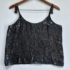 VTG 100% Silk Sequins Beaded Spaghetti Black Strap Top Spell Bound Size Medium