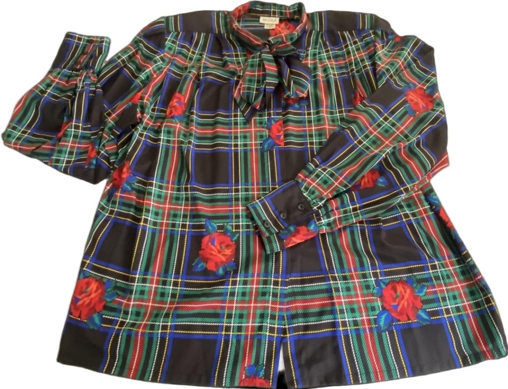 Vintage Nicola Blouse Womens 12 Maximalist Tartan Floral Bow Neck Top