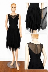 Vintage 50s 60s Black Chiffon Cocktail Dress Sheer Illusion Asymmetrical XS S