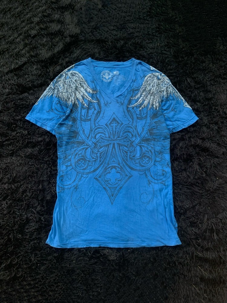 Affliction Blue Cross Wings Graphic T Shirt Mens Y2K Goth(SEE DESCRIPTION!!!)