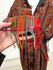 Antique Paisley Tapestry Kashmir Robe or Jacket Red Orange Fringe AS IS
