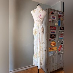 Vintage 90s Floral Slip Maxi Dress | Bias Cut Cream Rose Print Cottagecore | XS
