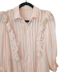 Vintage Oscar De La Renta Blouse 4 Ruffled Silk Chiffon Light Pink Lace Grandma