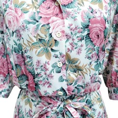 Vintage Shirt Dress Floral Cottage Grandma Romantic Pink Green Belted Fits XS/S