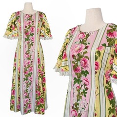 1960s Vintage Dress 60s Floral Maxi Small Medium Pink Yellow Stripes Peonies Vtg