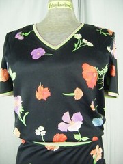 LEONARD PARIS Vtg 70s Black Green Lilac Floral Top & Skirt-Bust 34/Waist 26/XS