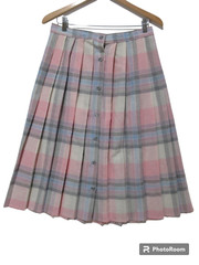 Sz 32 (W29″) VTG CHRISTEL Pleated Pink Blue Midi Skirt WOOL/POLY USA Button Up
