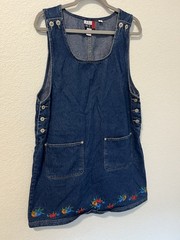 Vintage Denim Jumper Womens L Dress JLNY Sport Embroidered 100% Cotton Button