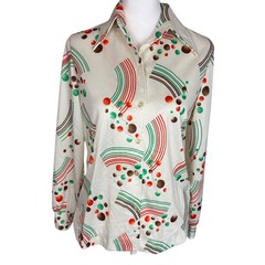 Vintage 70s Abstract Rainbow Polka Dot Disco Collar Button Down Shirt Cream