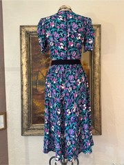 Vintage 80s/90s Floral Princess Puff Sleeve Midi Dress in Teal & Purple – S