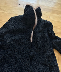 Vintage Black Persian Lamb & Mink Belted Genuine Fur Coat Curly Embroidered 38″