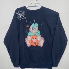 Vintage Puffy Paint Halloween Teddy Bear Pumpkin Sweatshirt Black L USA Made