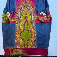 Denim Patchwork Dress Tribal Print Zip Front Pockets homemade boho artisan RARE