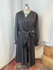 Black Wrap Dress with sheer balloon sleeves Dark Academia 1970s Vintage 16 M L