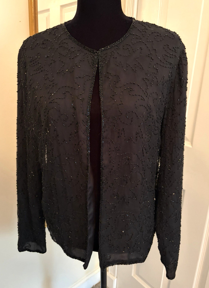 Vintage Silk Beaded Sequin Dress Jacket Black Large Open Front Cardigan Glam
