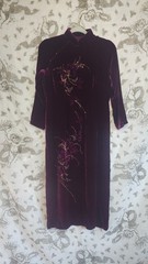 Vintage Velvet Cheongsam Vietnamese Dress Tunic Hand Painted Floral Glitter