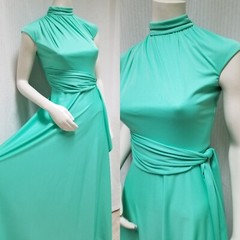 Vintage 1970s HOUSE OF BIANCHI Aqua Maxi Dress Disco Jersey Draped Goddess XS/S