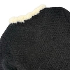 CHANEL Vintage 03A CC Logo Button Fur Trim Knit Jacket #42 Black White Mohair