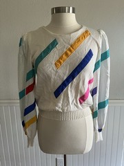 Vintage 1980s Blouson Knit Sweater Balloon Sleeve Coloblock Made in USA M