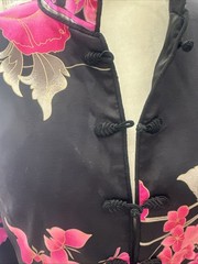 Leonard Of Paris Black Satin Pink Orchids Knee Length Tunic Coat Frog Closure 42