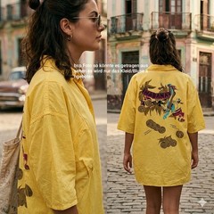 Vintage long blouse yellow Habana back print oversized women shirt blouse retro tunic L