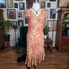 Vintage 90s DBY Floral Print V-Neck Ruffle Hem Midi Dress Orange Tan Womens