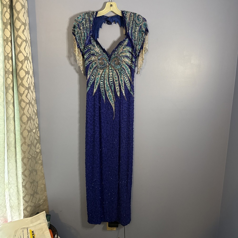 ❤️Vintage Alyce Designs Sequin Silk Beaded Formal Dress Gown Blue Size 8 Altered