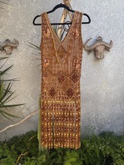 Vintage Beaded Flapper Dress – Pearlized – Fringe – Sequin – Elegant GOLD – Sz M