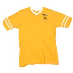 Vintage 1970s MMS Indian Logo Gym V-Neck Ringer T-Shirt Large Yellow White