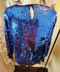 Vintage Oleg Cassini Black Tie Blue Sequin Flame Top XL Silk Beaded Trophy…
