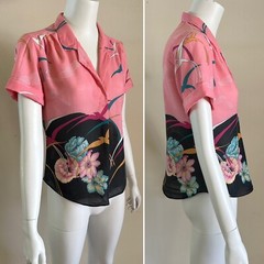1980s California Connection Tropical Rayon Blouse Pink Bird Print Made USA VTG