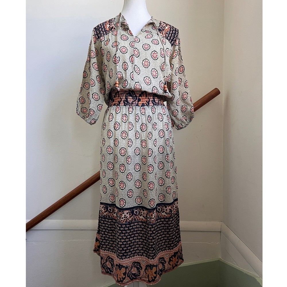 Vintage 70s Midi Dress Boho Smocked Waist Semi Sheer Peasant Batik Block Print