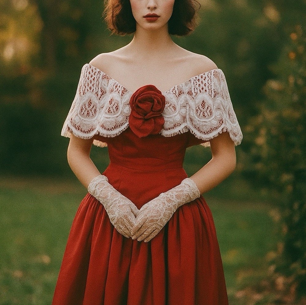 House of Bianchi Vintage 1940s Red Off-Shoulder Lace Corset Gown | Made in USA