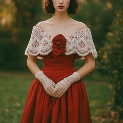 House of Bianchi Vintage 1940s Red Off-Shoulder Lace Corset Gown | Made in USA