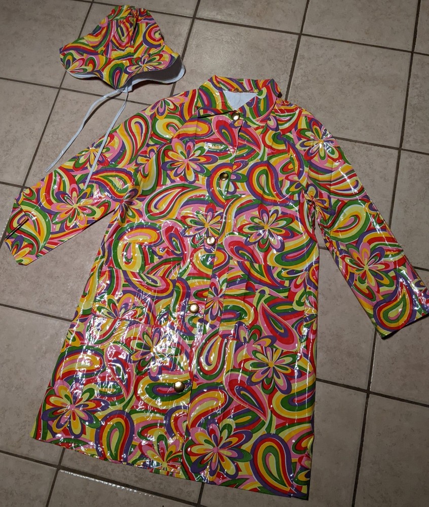 Vintage 1960’s 1970’s MOD Style Vinyl Shiny Psychedelic Rain Coat Jacket Hat MCM