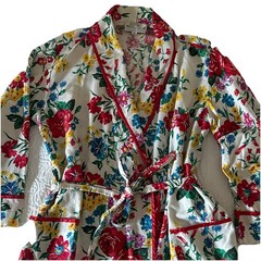 VTG Cotton Bathrobe~Floral~Red Rose Garden~Maxi-Length~Satin Trim Loungewear EUC
