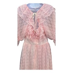 Vintage Pink Lace Prairiecore Dress Cottagecore Romantic Ruffle Midi Coquette