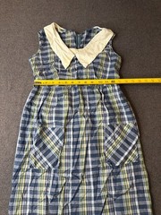 Vintage 1960s ILGWU Union Made Blue Plaid Sleeveless Dress with White Peter Pan