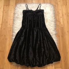 90s Y2K Goth Black Velvet Lace Trim Bubble Hem Spaghetti Strap Mini Dress size S