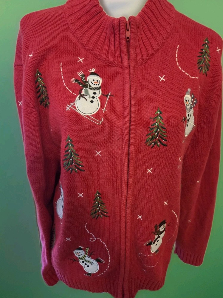 Wish for Joy Christmas Sweater Womens XL (18) Red Full Zip Embroidery Snowmen