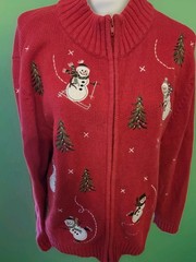 Wish for Joy Christmas Sweater Womens XL (18) Red Full Zip Embroidery Snowmen