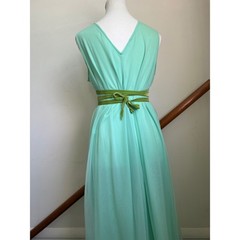 Vintage Maxi Nightgown Dress Mint Green Velvet Ribbon Lace Trim Ethereal MCM