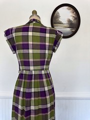 Vintage 1950s Plaid Green And Purple Dress With Pockets