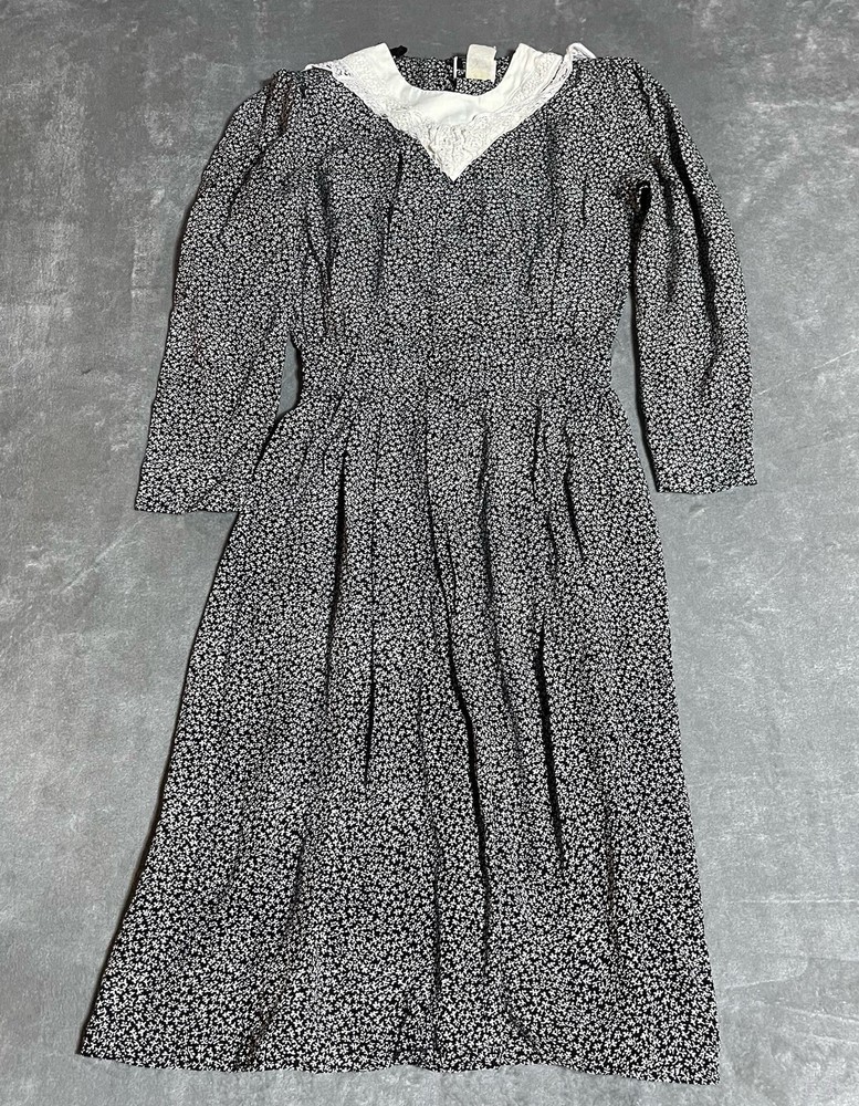 Vintage Stuart Alan Petites Dress Womens 8 Black Floral Lace Collar Cottagecore