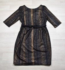 90s Alex Evenings Midi Cocktail Dress Black Gold 3/4 Sleeve Belt Size 14 VTG