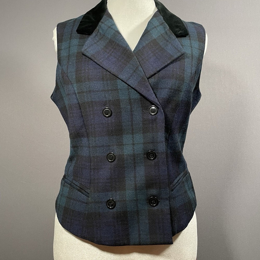 Vtg Alanni by Donnybrook Vest Dbl Breasted Wool Tartan Plaid Black Velvet Collar