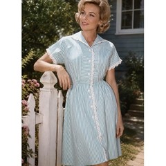 VTG 50s green White Striped House Dress Eyelet Lace Button Front XL MOD