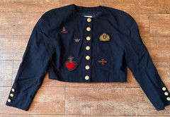 Size 40 Vintage MONDI Military 80s U.S. 10 Jacket & Skirt set blue patches women