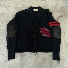 Vintage 1930s–1940s Lamb Knit Virgin Wool Varsity Cardigan Sweater Leather Patch